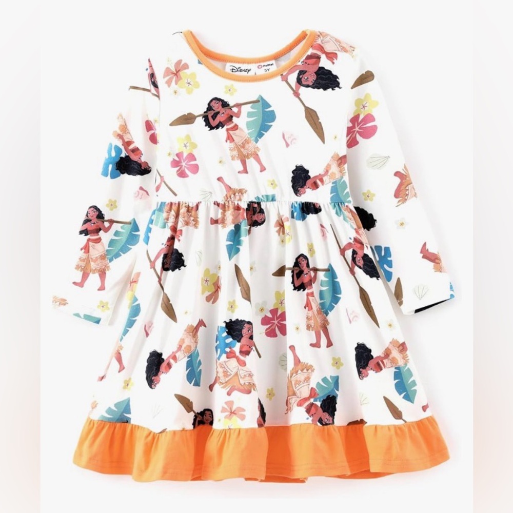 Disney Princess Moana Floral Toddler Girl Dress A Line Long Sleeve Kids Casual - Picture 3 of 8
